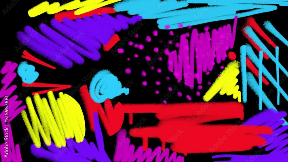 Animation of multi-colored texture spots on a black screen. Filling the space with spots, lines, dots. 4K abstract substrate for presentation about handmade, creativity, drawing. Animation of multi-colored texture spots on a black screen. Filling the space with spots, lines, dots. 4K abstract substrate for presentation about handmade, creativity, drawing.