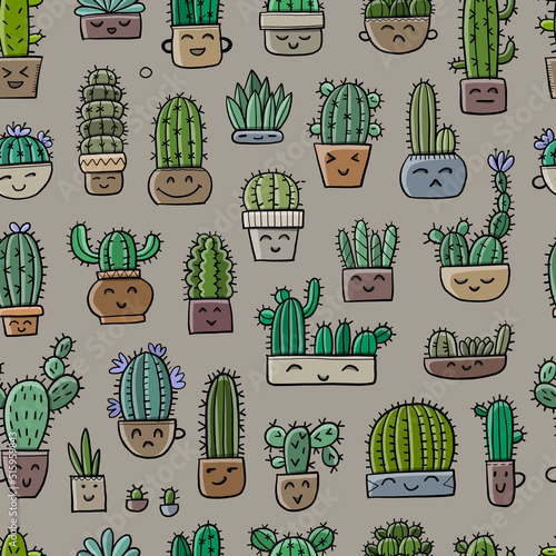 Cute cactus family. Kawaii potted plant. Seamless pattern background for your...