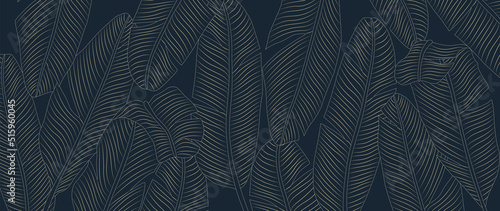 Abstract luxury art background with exotic palm leaves in golden line style. Botanical wallpaper for decor, banner, print, textile, packaging