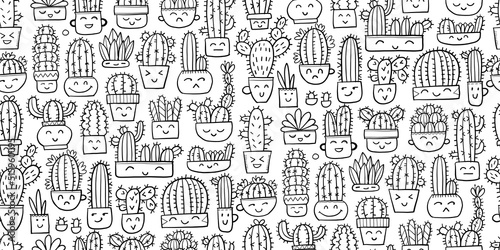 Cute cactus family. Kawaii potted plant. Seamless pattern background for your...