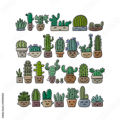 Cartoon cactus characters. Kawaii potted plant. Art background for your design