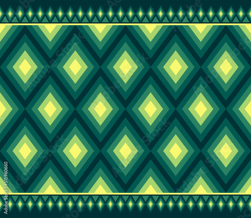 Yellow Dark Green Symmetry Geometric Ethnic Seamless Pattern