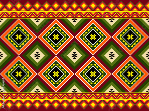 Green Orange Symmetry Geometric Square Ethnic Seamless Pattern on Red Background