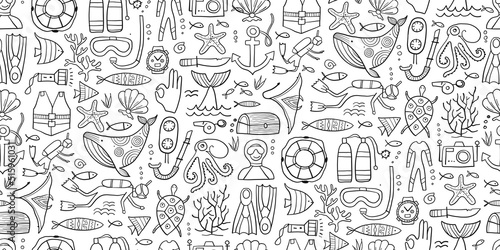 Scuba Diving, underwater activity. Summer vacation, marine life concept. Semless pattern background for your design