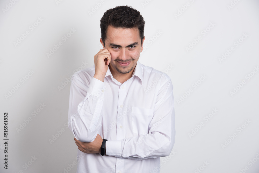 Photo of businessman standing on white background
