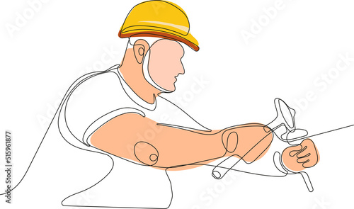 Continuous one line drawing of Close up of young male worker in a helmet on his head uses a tablet for work or without. Vector illustration