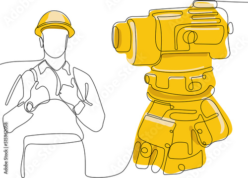 Close up of young Caucasian worker with helmet on head using tablet for work while standing in warehouse. Surveyor with a tripod icon. Geodesic tripod. Vector illustration