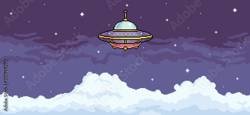Pixel art UFO in the cloudy sky. Alien spaceship flying in the night sky. 8 bit vector background
