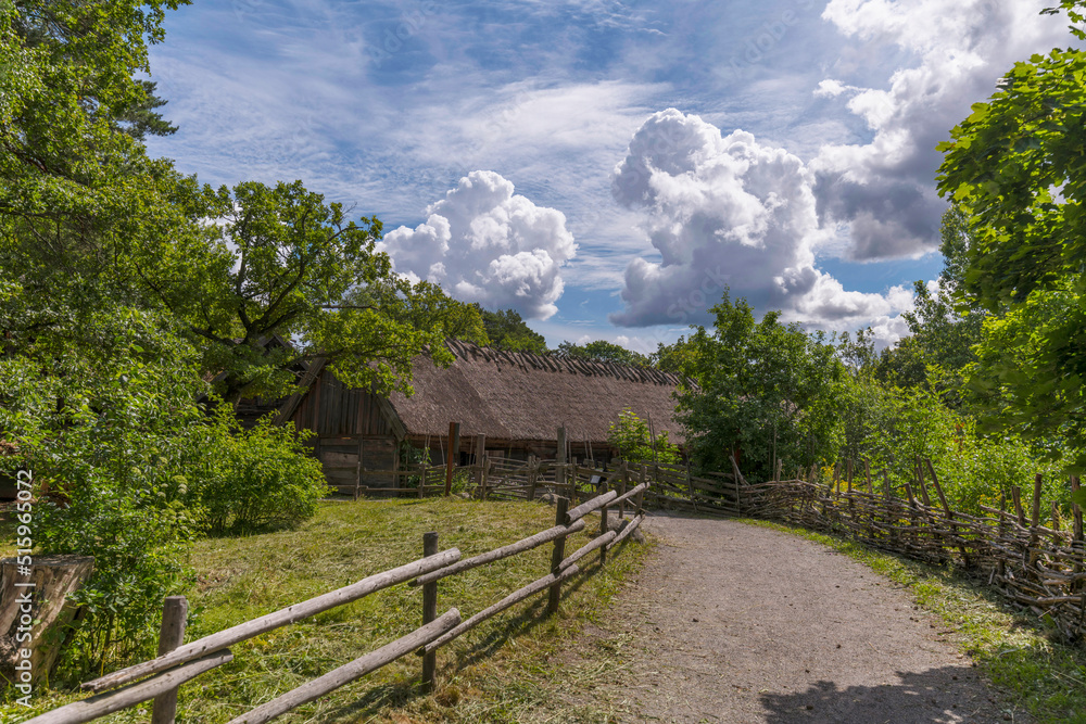 Landscape with a road leading to an old preserved farmstead house in a park a sunny summer day in Stockholm