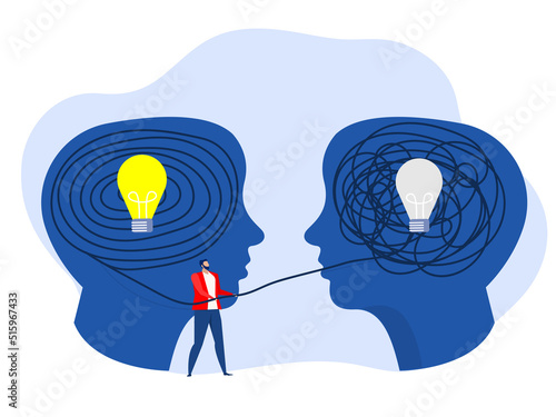 Businessman chaos with help, mental health or psychotherapy, schizophrenia concept, cognitive trap, communication or empathy, vector flat illustration