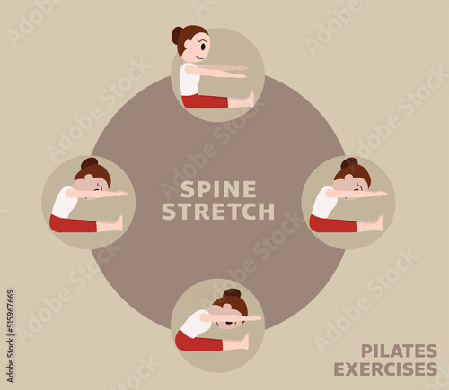 Pilates Moves Exercises Spine Stretch Cute Cartoon Vector Illustration