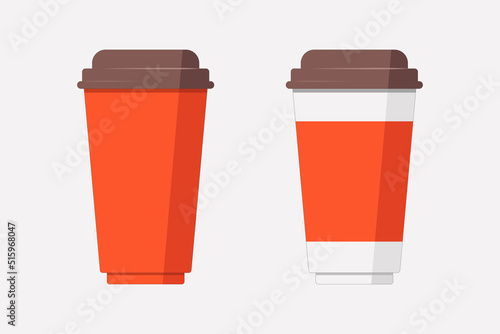 Red paper cup. Take coffee with you. Delicious drink, cappuccino. Icon, design for coffee shop. Vector illustration, flat style.