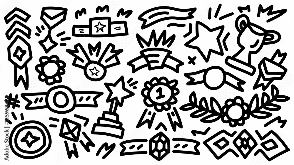 emblem and badge award or achievement icon set hand drawn doodle outline vector template illustration collection for education and coloring book
