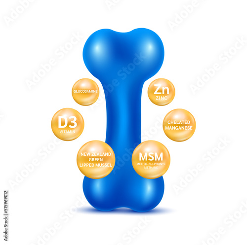 Bone with Vitamin, Zinc, Manganese, Glucosamine, New Zealand Green Lipped Mussel. Dietary supplement bones dogs and cats. Canine arthritis osteoarthritis. Vector 3D. Can use for advertising pet food.