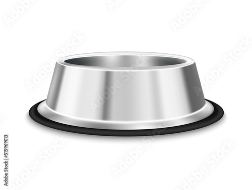 Food bowl stainless steel for dogs cats. Use for advertising pet food. Vector realistic 3D on a white background.