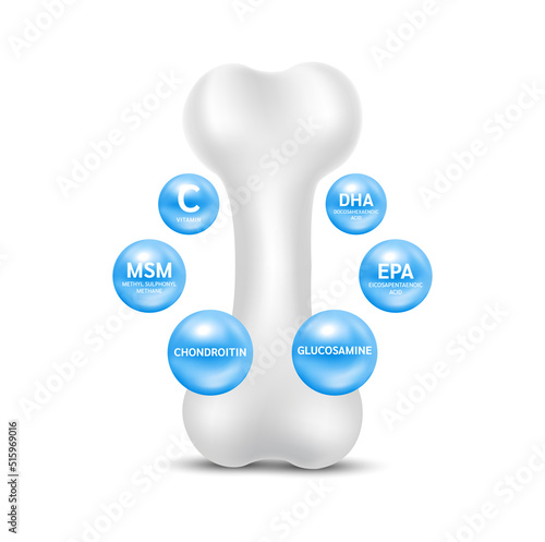 Bone with Omega, Vitamin, Zinc, Manganese, Glucosamine, Methyl Sulphonyl Methane. Dietary supplement bones dogs and cats. Canine arthritis osteoarthritis. Vector 3D. Can use for advertising pet food.