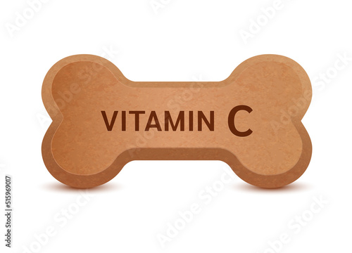 Bone shaped dry food for cats and dogs with vitamin C dietary supplement bones canine arthritis osteoarthritis. On a white background vector 3D. Can use for advertising pet food.