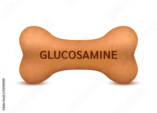 Bone shaped dry food for cats and dogs with glucosamine dietary supplement bones canine arthritis osteoarthritis. On a white background vector 3D. Can use for advertising pet food. photo