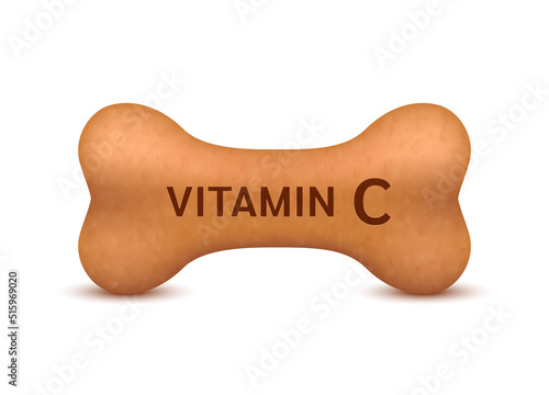 Bone shaped dry food for cats and dogs with vitamin C dietary supplement bones canine arthritis osteoarthritis. On a white background vector 3D. Can use for advertising pet food.