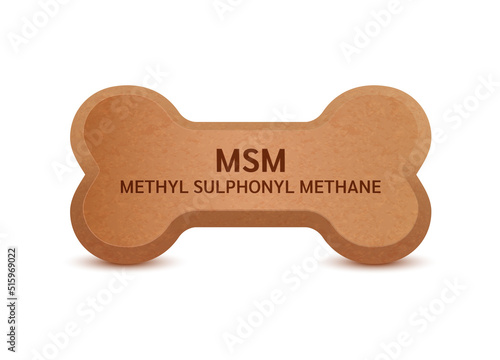 Bone shaped dry food for cats and dogs with methyl sulphonyl methane dietary supplement bones canine arthritis osteoarthritis. Can use for advertising pet food. On a white background vector 3D.