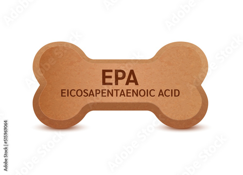 Bone shaped dry food for cats and dogs with Omega Eicosapentaenoic acid (EPA) dietary supplement bones canine arthritis osteoarthritis. On a white background vector 3D. Can use advertising pet food.