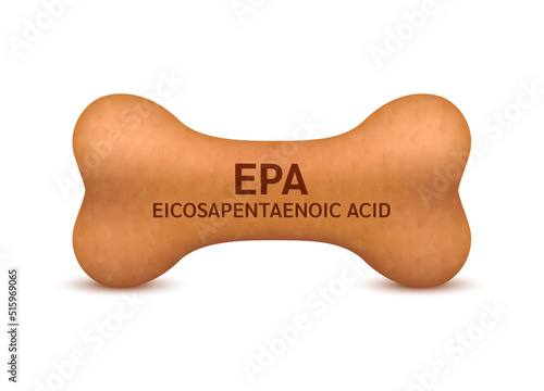 Bone shaped dry food for cats and dogs with Omega Eicosapentaenoic acid (EPA) dietary supplement bones canine arthritis osteoarthritis. On a white background vector 3D. Can use advertising pet food.