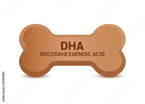 Bone shaped dry food for cats and dogs with Omega Docosahexaenoic acid (DHA) dietary supplement bones canine arthritis osteoarthritis. Can use advertising pet food. On a white background vector 3D.