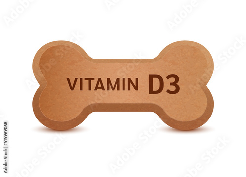 Bone shaped dry food for cats and dogs with viyamin D3 dietary supplement bones canine arthritis osteoarthritis. On a white background vector 3D. Can use advertising pet food.