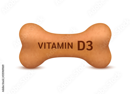 Bone shaped dry food for cats and dogs with viyamin D3 dietary supplement bones canine arthritis osteoarthritis. On a white background vector 3D. Can use advertising pet food.