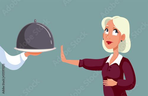 Woman Feeling Full Refusing Another Meal Course Vector Cartoon Illustration. Fasting woman not having the appetite for food 
