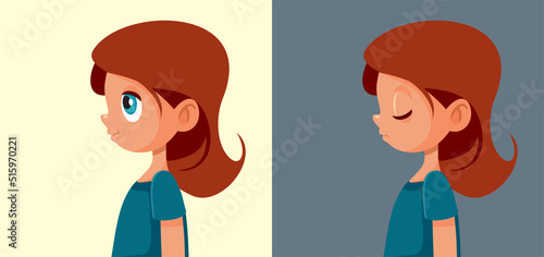Girl Feeling Depressed After Being Happy Vector Cartoon Illustration. Child experiencing different moods due to traumatic experience 
