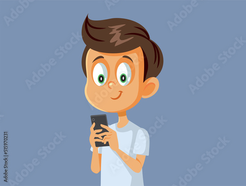 Little Boy Holding a Phone Vector Cartoon Illustration. Happy child using his cellphone playing games online
