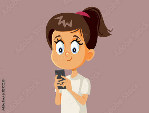 Little Girl Holding a Phone Vector Cartoon Illustration. Happy child typing an SMS message talking online
