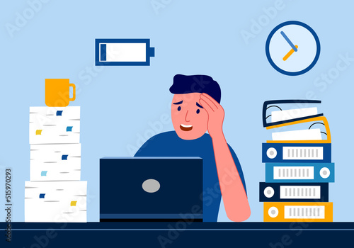 Professional burnout syndrome exhausted man working at his office.