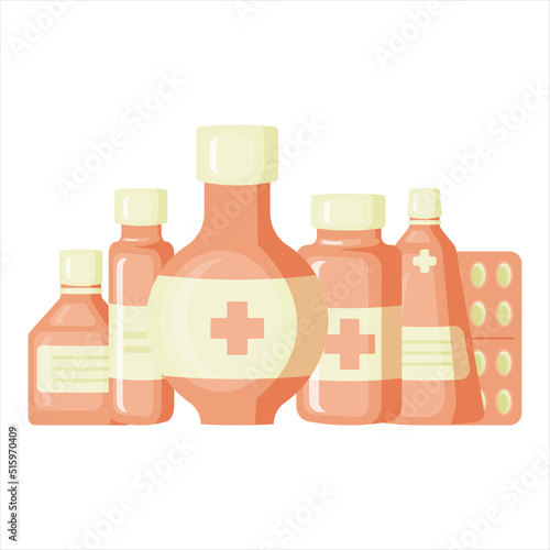 Medical bottle with label. Pill flat icon isolated on white background. Flat vector illustration.
