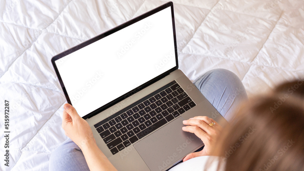 Pregnancy digital laptop screen. Pregnant woman holding blank laptop
