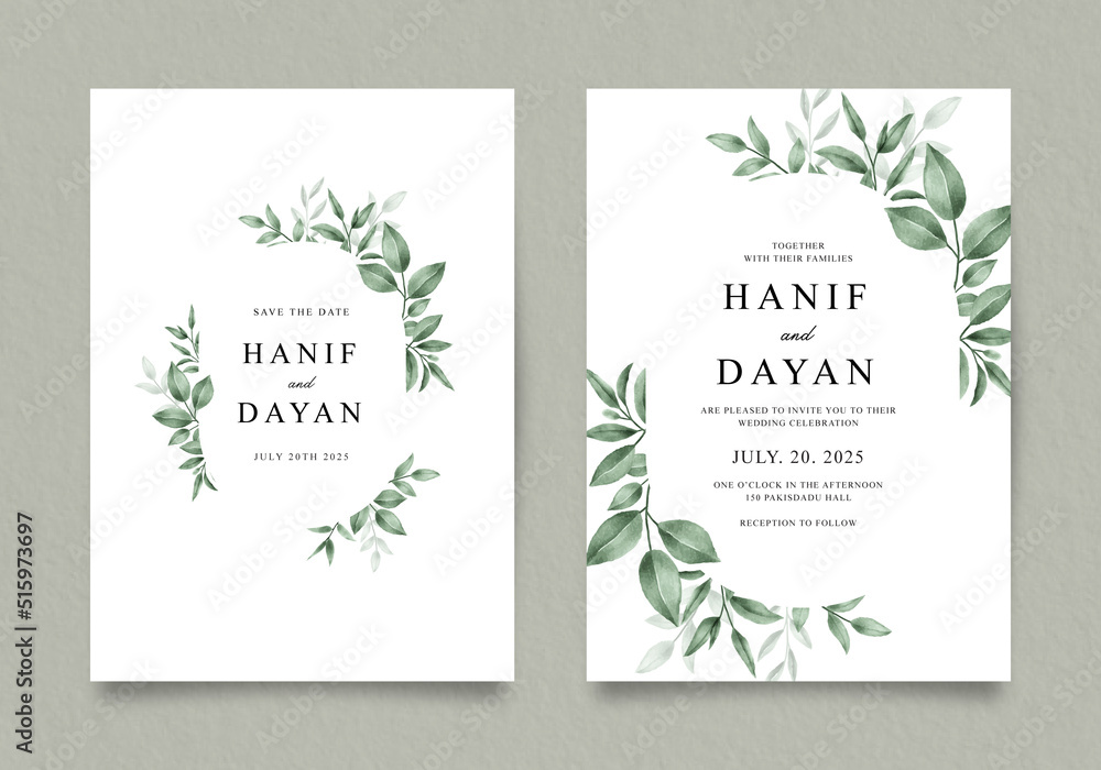 Double sided invitation template with green leaves