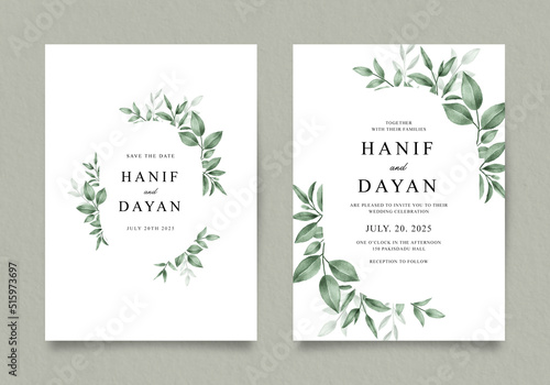 Double sided invitation template with green leaves