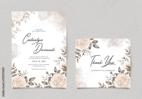 Elegant wedding invitation template with watercolor yellow roses