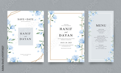 Set of elegant wedding invitation templates with watercolor blue floral