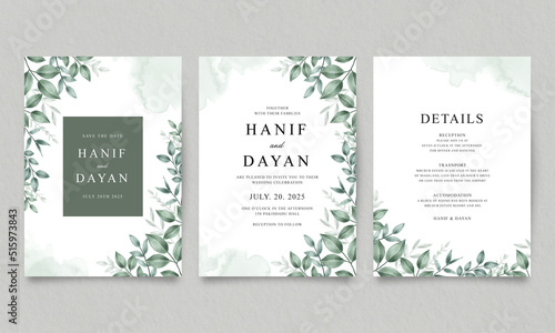 Set of elegant wedding invitation templates with watercolor greenery
