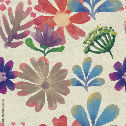Seamless abstract floral pattern. Flowers texture on watercolor paper background