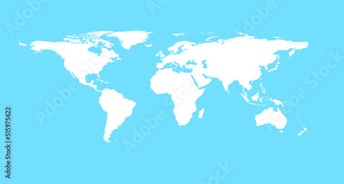 A simple world map in white color on a light blue background.