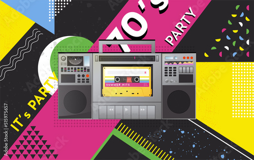 Retro tape player. 70s radio music recorder. Vintage old audio button. Video wallpaper with fonts. Analogue cassette. Disco party. Abstract poster. Musical mixtape. Vector background