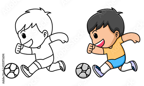 Cute boy playing soccer coloring page for kids