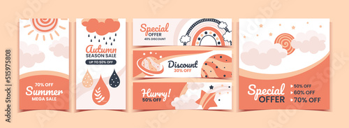 Season sale banners. Baby media post template. Fashion discount ad. Rainbow promotion for website. Colorful clothes. Sky clouds and sun. Vector summer and autumn special offer flyers set