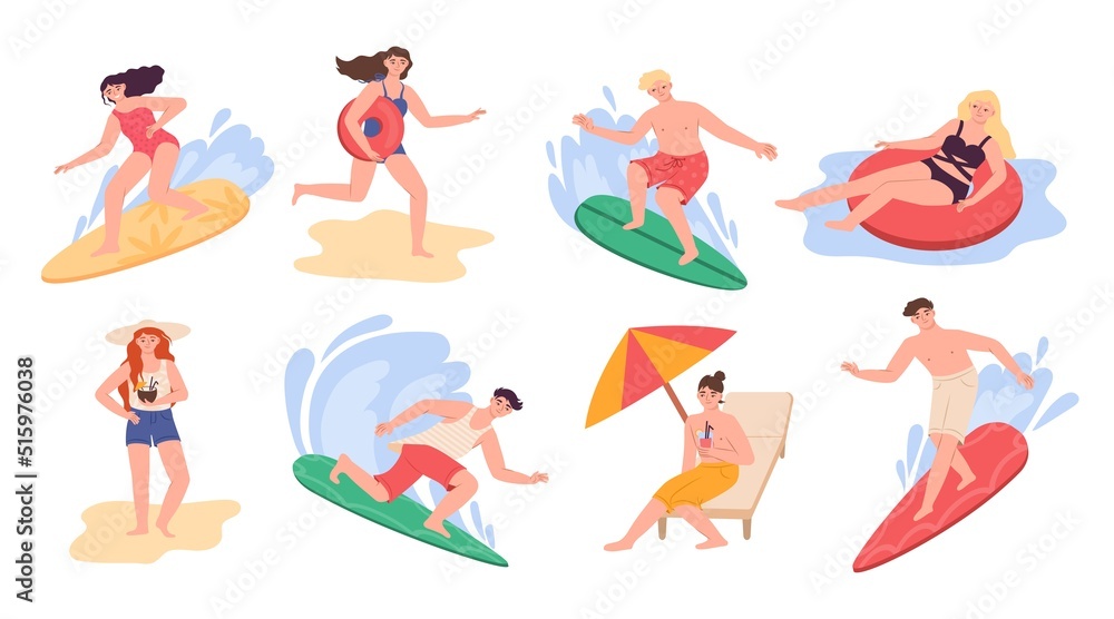 Summer beach people. Vacation on sea. Surfer character. Woman swimming in pool. Man sunbathing. Person with surfboard or inflated circle. Seaside activities set. Vector illustration