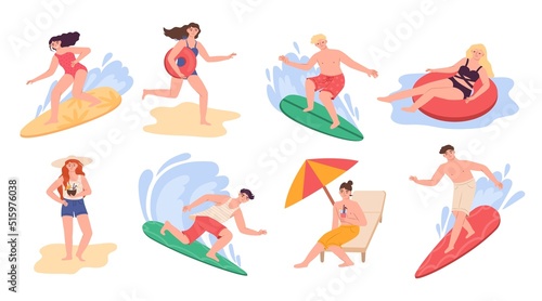 Summer beach people. Vacation on sea. Surfer character. Woman swimming in pool. Man sunbathing. Person with surfboard or inflated circle. Seaside activities set. Vector illustration