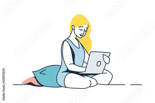 Woman with laptop. People working at home, freelance character works in comfortable conditions. Female sitting on pillows. Isolated simple modern illustration. Vector self employed girl