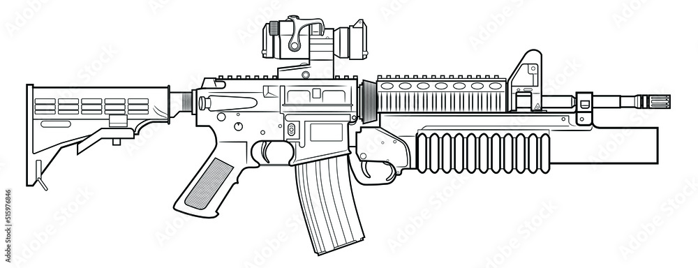 Vector drawing of an M4 assault rifle with adjustable stock, optical sight and M203 grenade launcher on a white background.